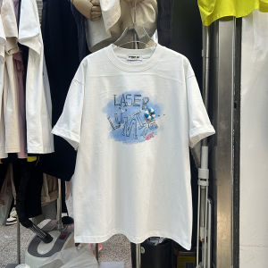 Womens Mid-Length Short-Sleeve T-Shirt Overhead round Neck Color Block Loose Fit Versatile Summer Top Body Concealing