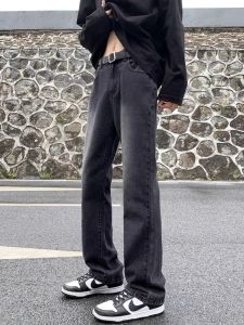 กางเกงยีนส์ทรงตรงสีดำ ทรงหลวม ทรงขากว้าง ทรงวินเทจ สไตล์อเมริกัน กางเกงขายาวลำลองสำหรับผู้ชาย ฤดูใบไม้ผลิและฤดูใบไม้ร่วง