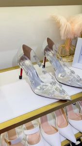 Giày ball bạc đá HALEY STORE cao gót 9cm bít mũi nhọn mika trong suốt đính khóa đá tiểu thư công chúa cô dâu tiệc cưới