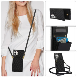Leather case For Samsung With Diagonal Strap lanyard Card Case Coin Purse Case Cases With Card Holder Mobile Phone Cover Casing For Samsung Galaxy S22 Ultra S24 Plus S23 FE S21 Ultra S25 Ultra S24 Ultra Note10 Plus Note20 Ultra cards slot case Rope