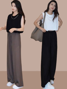 Fashionable Summer T-Shirt and Wide Leg Pants Set for Women 2024 New Arrival No Sleeves Crewneck Pullover Style