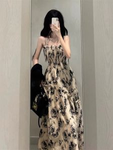 Tea Break French Floral Strap Dress Womens Summer Fancy Temperament Waist-Controlled Seaside Vacation Fairy Long Skirt
