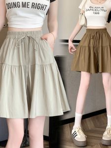 Thin Ice Silk A-Line Mini Skirt with Drawstring High Waist Illusory Slimming Fake Two-Piece Design for plus Size Women