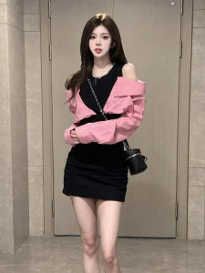 Early Autumn Clothing Fancy Patchwork Fake Two-Piece off-the-Shoulder Dress Womens Stylish Niche Style Silm Sheath Shirt Skirt