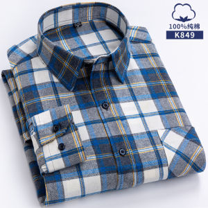Gingham Shirt Mens Long Sleeves Pure Cotton Middle-Aged Spring and Autumn Casual Loose Dad Outfit Cotton Brushed Plus Size Mens Shirt