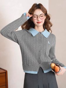Áo Len Cardigan Dệt Kim Cổ Bẻ Tay Dài Thời Trang Mùa Thu Cho Nữ True Weave Áo Khoác Ngoài Phong Cách Công Sở Màu Tương Phản