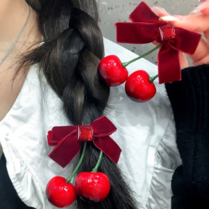 4Pcs Red Velvet Cherry Bow Hairpin Women Girls Sweet Fruit Ornament Pastoral Hair Clip New Year Vintage Ruby Barrette Hair Accessories Gift