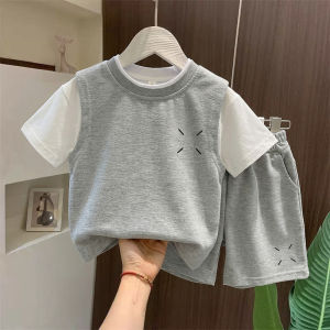 Pure Cotton Mock Two Piece T-shirt and Shorts Set for Children Summer Casual and Loose