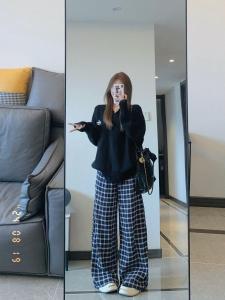 Gardenia Zhao Lusi Same Style Gingham Casual Pants Womens Autumn and Winter New Arrival Loose Drooping Mop Wide-Leg Pants