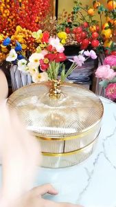 Khay đựng mứt bánh kẹo 2 tầng hình tròn màu hổ phách sang trọng chất liệu nhựa Acrylic