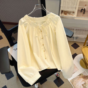 Elegant French Style Long Sleeve Shirt Womens Design Sense Single Button Pleated Collar Tie Shirt Spring Autumn Wardrobe Clearance