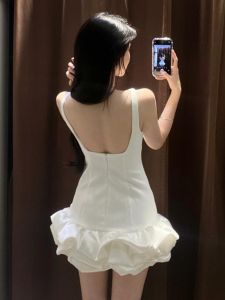 Beautiful White First Love Pure Sleeveless Puffy Flower Bud Skirt Slim White Dress Dress Small Short 8453777