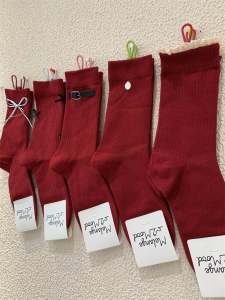 Ankela Red Butterfly Knot Cotton Mid-Calf Socks Womens Style Korean Dongdaemun New Years Red Spring Festival Lucky Year