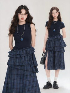loveheynew | Đầm Maxi Dây Kéo Họa Tiết Caro Xanh Thời Trang Dáng Eo Irregular Hem