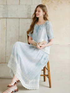 XIANGYING | Blue Embroidered Lace Set Dress for Women