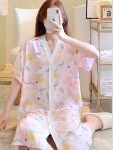 Váy ngủ ngắn tay vải Cotton lụa tự nhiên mềm mại thoáng mát đầm mặc nhà mùa hè freesize mã VAV0430