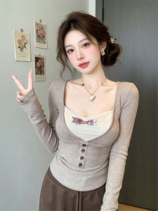 Lace and Bow Decoration Two-tone Look Fitted Long Sleeve T-Shirt
