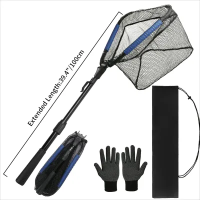 Folding Fishing Net With Non-Slip Gloves Storage Bag Telescoping Pole Handle Extend Landing Net Coated Nylon Mesh for Men Women