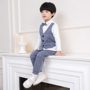 LOlanta Kids Boys Fashion Fake Two-piece Set Baby Blue Long Shirt Pants Hat Bow Wedding Birthday Party Suit Casual Daily Wear