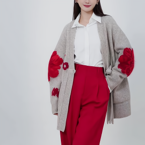 Elegant Chinese Style Knitted Open Cardigan Sweater Womens Loose Fit Flower Patterned Autumn Winter Casual Top Thickened V-Neck Long Sleeve