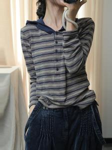 Mori Original Autumnal Hooded Striped T-Shirt Color Block Loose Fashion Semi-Buckled Base Shirt Korean Style Long Sleeve Cotton