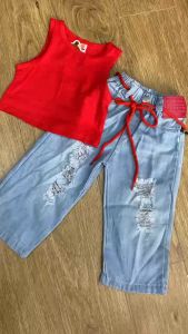 Bộ bé gái áo ba lỗ đỏ và quần jean cào rách ống (ảnh thật) 10-40kg XHN1558