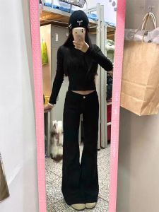 plus Size Womens American Retro Flared Jeans Spring Autumn Loose Slimming High Waist Cotton Trousers Fashionable Bootcut