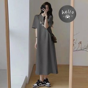 O Neck Short Sleeve Long T-shirt Dress Women Hello Paw Print Loose Casual Midi Dress Soft Home Wear Sleep Dress Multiple Colors
