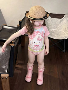 Short Sleeve Check Cute KT Cat Quick Dry Swimsuit