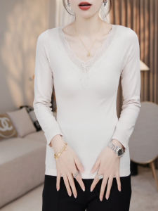 QINGNAER | White Lace V-Neck Trimmed Long Sleeve Slim Fit Under Top