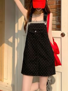Polka Dot Denim Overalls Short Skirt Women Summer 2024 New Loose Slim High Waist French Style Belted Dress Korean Style Commute