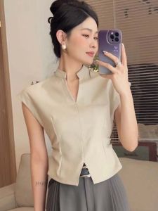 Korean Style Chic Retro Hong Kong Style Stand Collar Shirt Womens Summer Fancy Easiest for Match V Neck Fitted Waist Vest Small Shirt Top