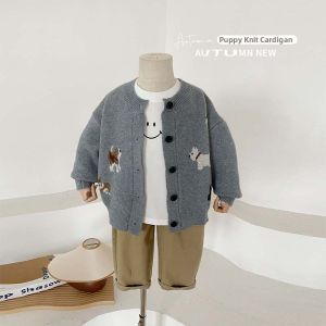 Korean Style Knitted Cardigan Sweater Boys Autumn Fashionable Top Cartoon Design Long Sleeve round Neck Single Button Closure