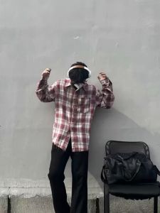 Early Autumn Retro Red and Blue Plaid Frayed Hem Long Sleeves Shirt Mens Idle Style Sealed Bag Shirt Coat Tide