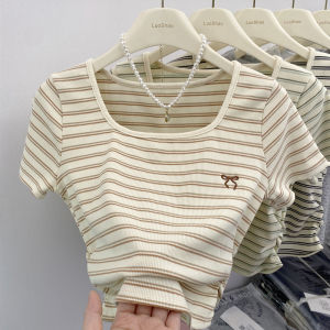 Pure Cotton Short Sleeve T-Shirt Womens Summer New Style Embroidered Slim Fit Square Collar Striped Top Small Size