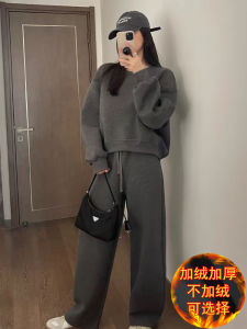 ผู้หญิง บริสุทธิ์ ผ้าฝ้าย ผ้าขนแกะ เรียงราย ลำลอง ชุดกีฬา หลวม Fit เสื้อสเว็ตเชิ้ต ขากว้าง กางเกง สองชิ้น ฤดูใบไม้ร่วง ฤดูหนาว รูปแบบใหม่