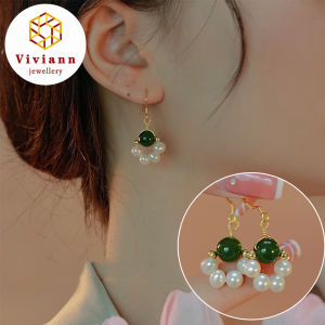 Viviann Original Design Pearl Jade Earrings Womens Light Luxury Vintage Fashion Hetian Jade Stud Earrings for Women Pearl Green Stone Earring Womens Drop Earrings Boho Jewelry Pendiente