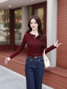 This Years Popular Contrast Color round Neck Single-Breasted Long Sleeve T-shirt Female 2024 Autumn New Arrival Western Style Slimming Bottoming Top