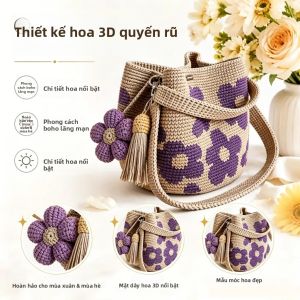 Túi Xách Nữ Phong Cách Bohemian 2026 Làm Thủ Công Móc Len Hoa Dệt Hoa Túi Đi Biển Lót Polyester Kiểu Dáng Xô Quai Xách Trên