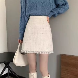 WANGGONGZHU | High Waist Lace Splicing Woolen Mini Skirt Womens Autumn Winter New Style Small Size Bodycon Short Skirt Princess Style