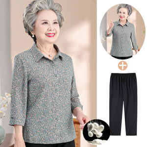 Áo Sơ Mi Lụa Cho Bà Ngoại Mùa Hè Áo Sơ Mi Lụa Tơ Tằm Mỏng Cho Phụ Nữ Lớn Tuổi Áo Sơ Mi Dài Tay Họa Tiết Hoa Và Chim Thường Ngày