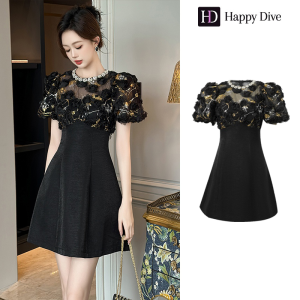 Happy Diva เดรสผู้หญิง เดรสสีเทาสีดำ เดรสแขนพอง เดรสทรงเอ เดรสทำงาน เดรสไฮโซ เดรสวินเทจ เดรสออกงาน เดรสปาร์ตี้ ชุดราตรี 21347