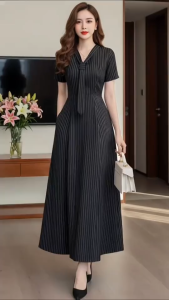 Đầm váy thiết kế đầm công sở thời trang đầm dự tiệc dáng dài phối cà vạt Đũi sọc tay ngắn có túi