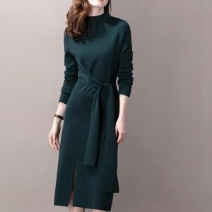 Womens Knitted Midi Dress Half High Collar Inner Wear over Knee Base Skirt Long Sleeve Commute Style Autumn Winter Fashion