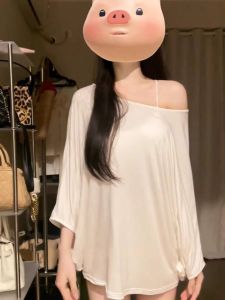 off-Shoulder Long Sleeves Thin Type Sunscreen T-shirt Blouse Womens Summer Plus Size Chubby Girl Batwing Sleeve Cloak Air Conditioning Shirt Tops