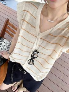 YUEZHONGWEI | Áo Knit Vòng Cổ V Sọc Đối Chiếu Bằng Lụa Mát Mẻ Không Tay Cho Mùa Hè
