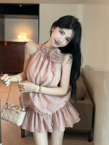 GUZILIAN | Korean Style Unique Beautiful Hanging Neck Short Skirt Elegant Amazing 3D Flower Print Mini Dress For Young Women