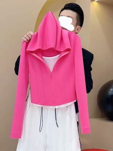 Loose Hoodie in Fushia Pink Zip-Up Youthful Looking Trendy Single-Piece Top for Early Autumn Korean Style Long Sleeve
