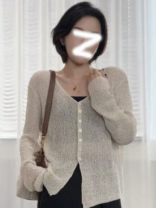 Early Autumn Thin Ice Silk Sun Protection Open Cardigan Womens Summer 2024 New Air Conditioner Loose Casual Outerwear Knitted Jacket