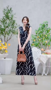 TW21863 เดรสยาว คอวี แขนกุดกระดุมด้านหน้า ..